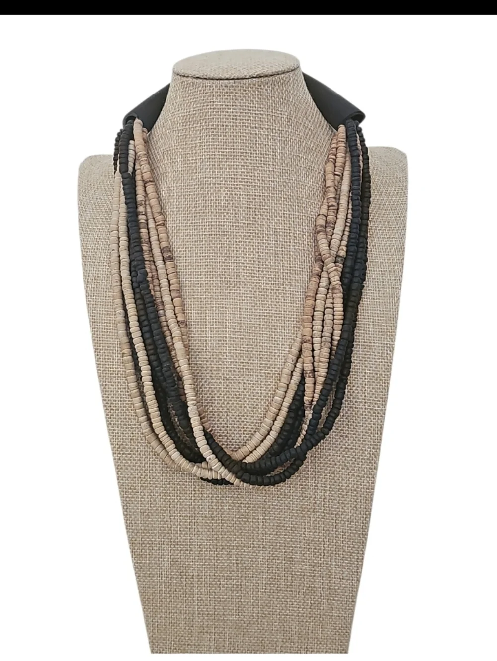 Layered Black and Beige Beaded Statement Necklace